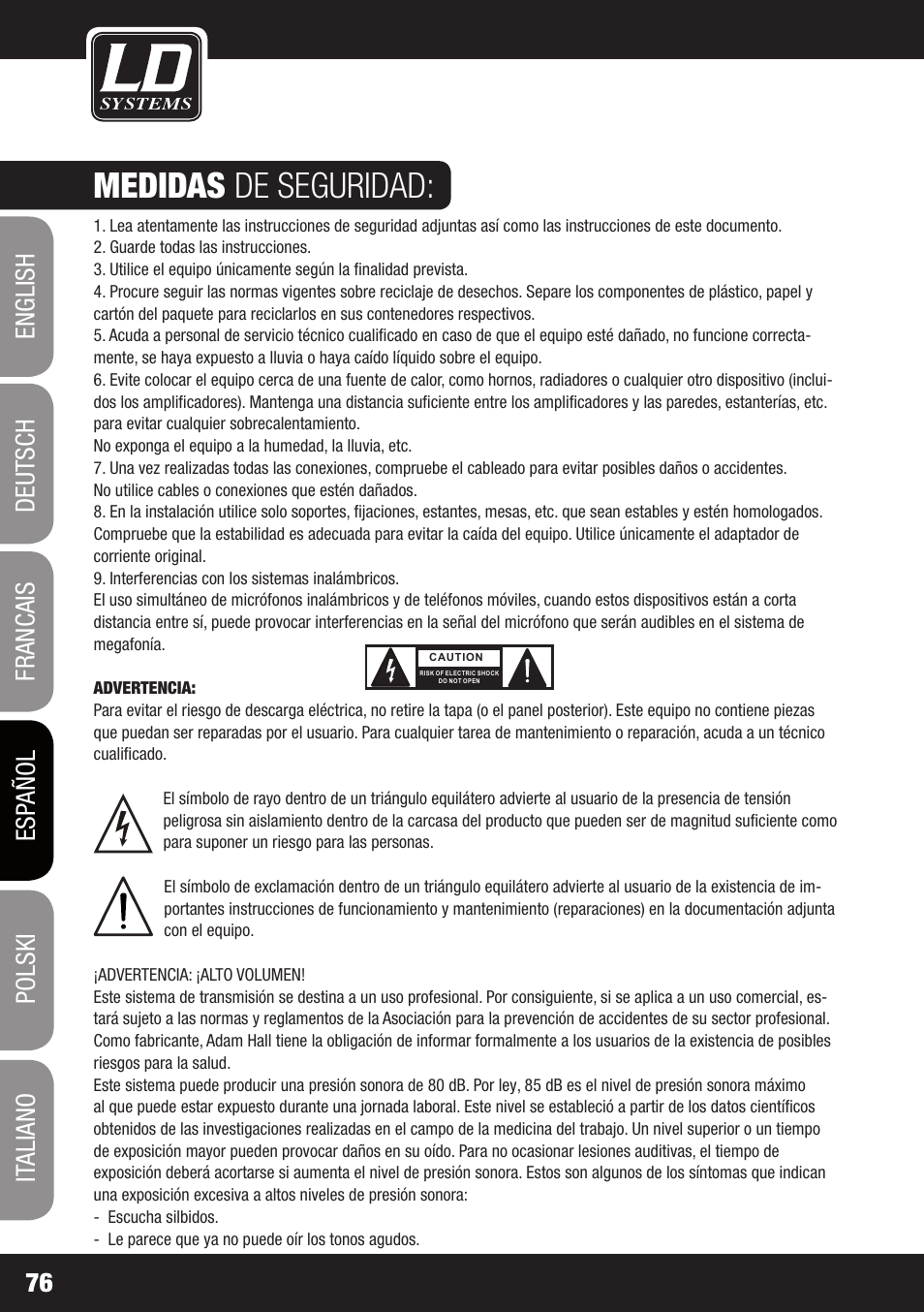 Medidas de seguridad | LD Systems WIN 42 User Manual | Page 76 / 146