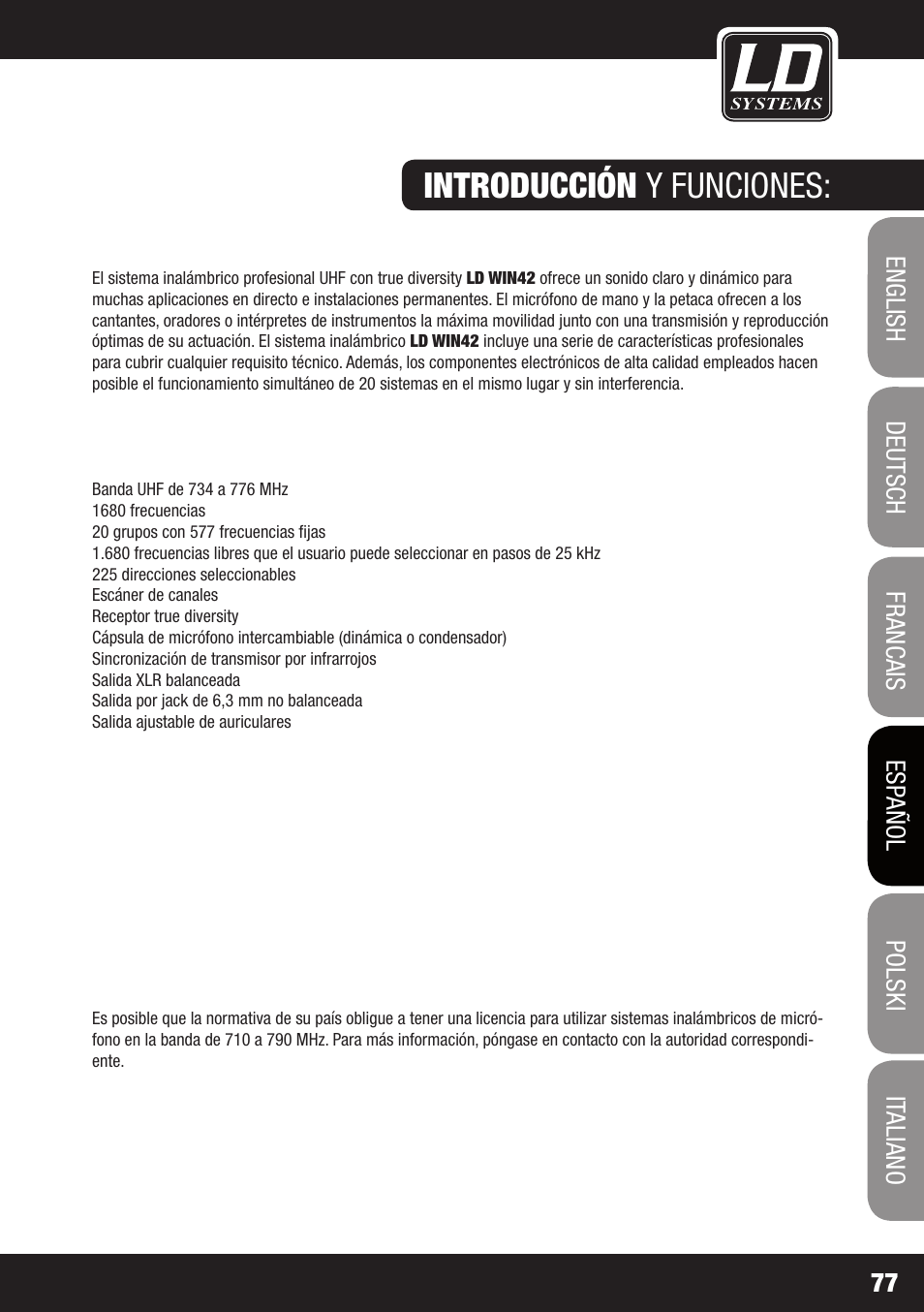 Introducción y funciones | LD Systems WIN 42 User Manual | Page 77 / 146