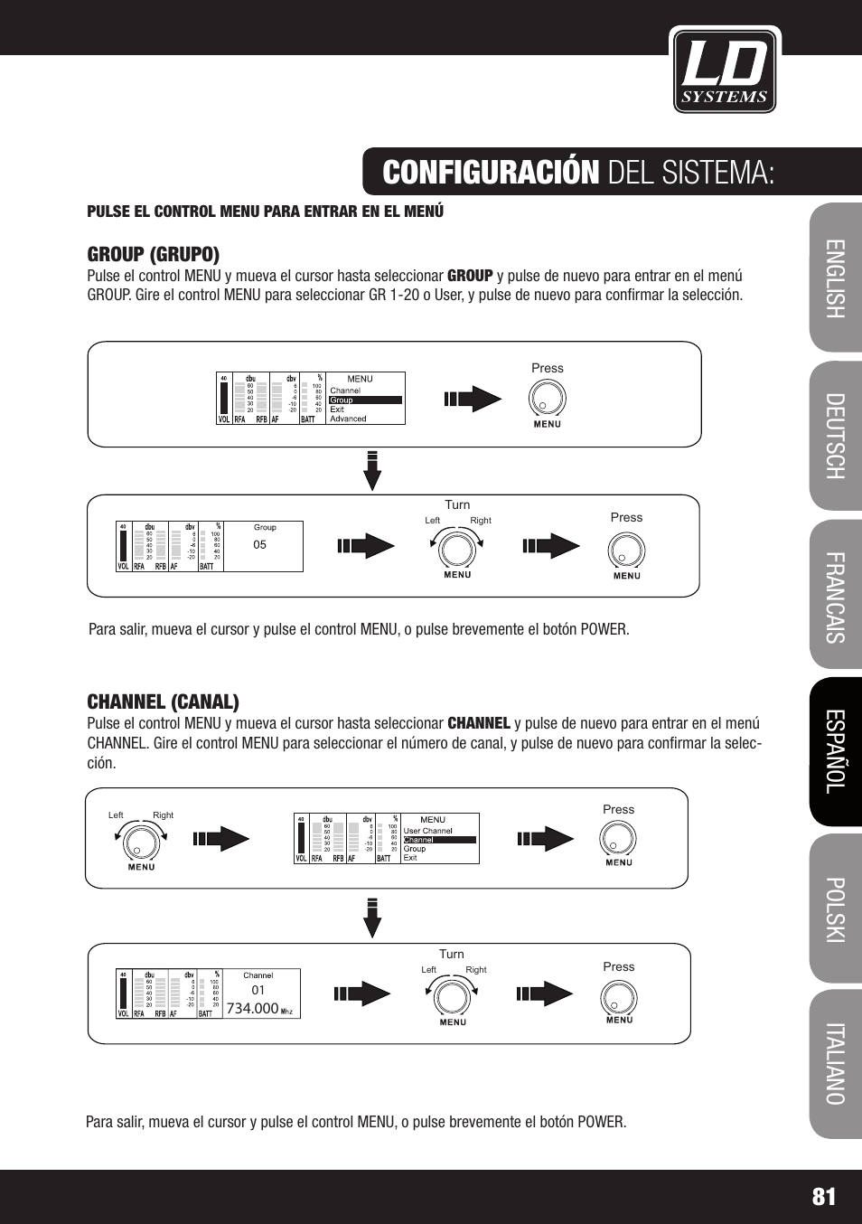 Configuración del sistema, Group (grupo), Channel (canal) | Pulse el control menu para entrar en el menú | LD Systems WIN 42 User Manual | Page 81 / 146