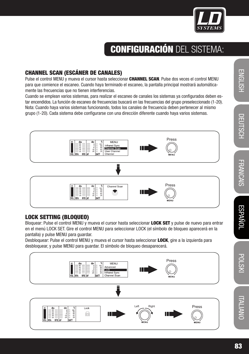 Configuración del sistema, Channel scan (escáner de canales), Lock setting (bloqueo) | LD Systems WIN 42 User Manual | Page 83 / 146