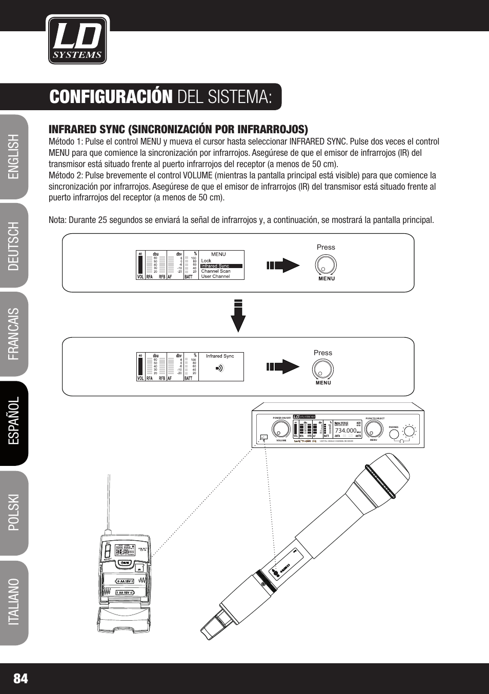 Configuración del sistema, Infrared sync (sincronización por infrarrojos) | LD Systems WIN 42 User Manual | Page 84 / 146