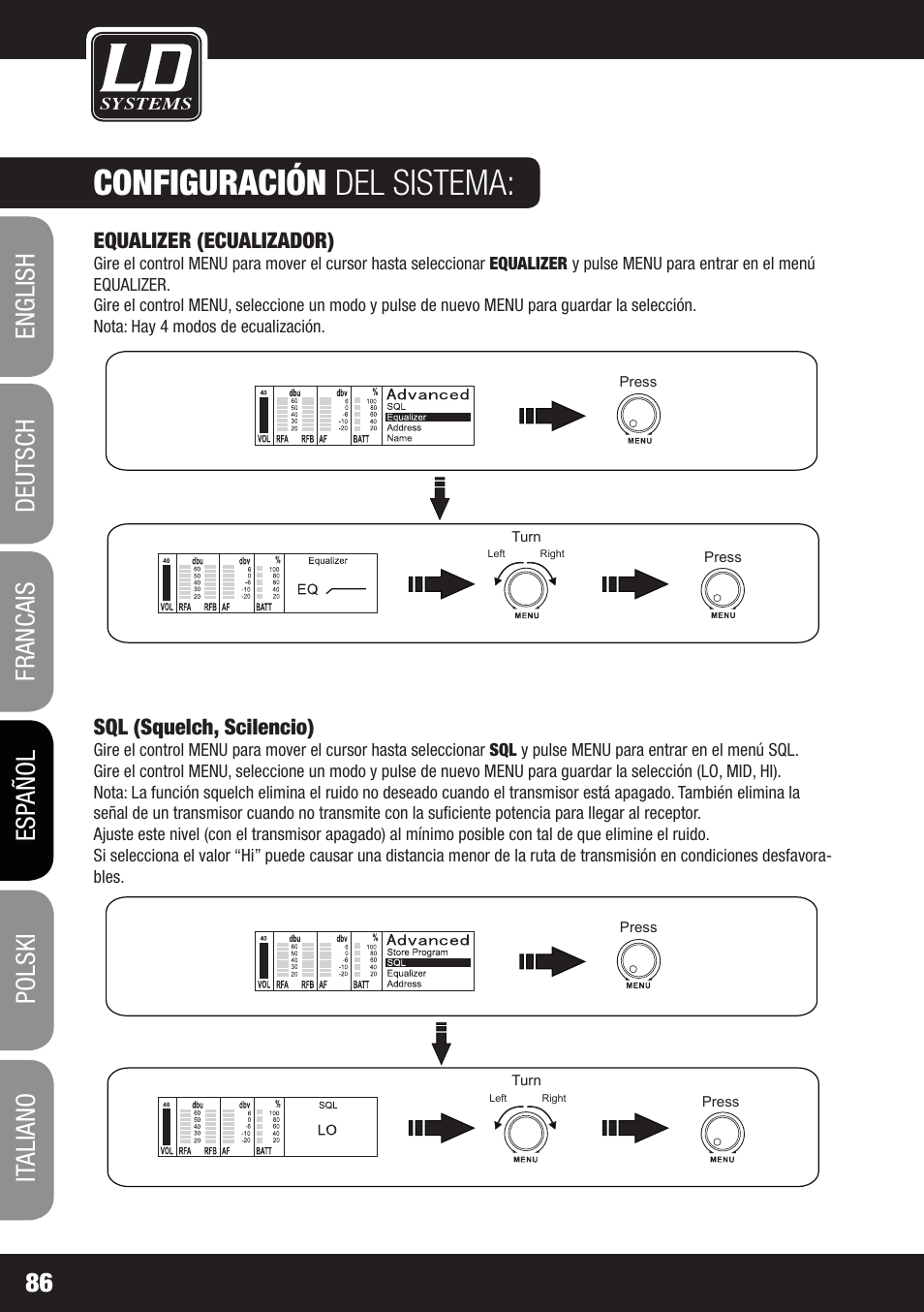 Configuración del sistema, Equalizer (ecualizador), Sql (squelch, scilencio) | LD Systems WIN 42 User Manual | Page 86 / 146