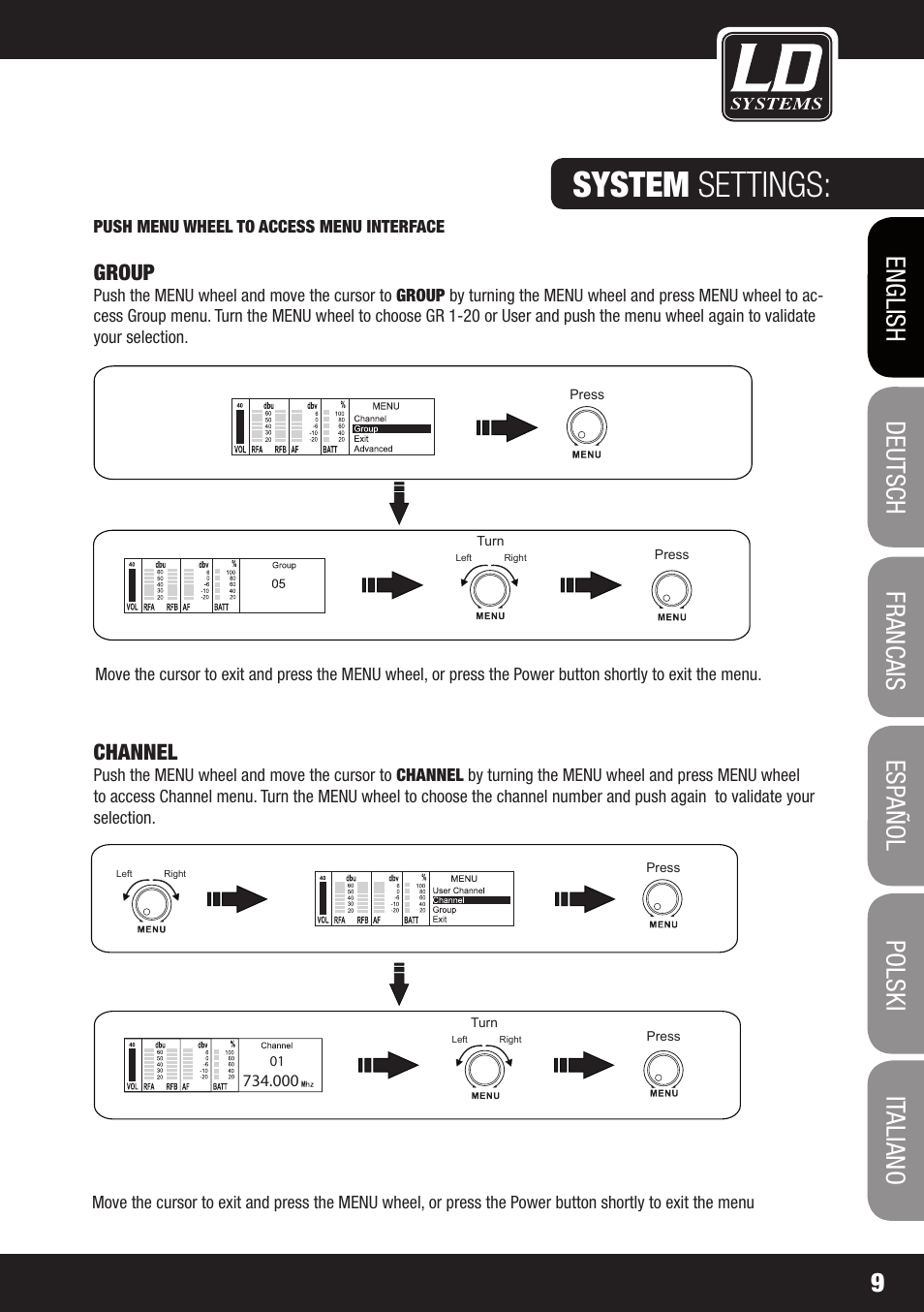 System settings, Group, Channel | Push menu wheel to access menu interface | LD Systems WIN 42 User Manual | Page 9 / 146