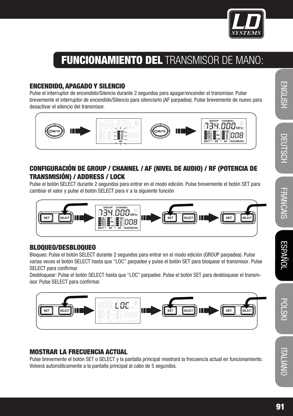 Funcionamiento del transmisor de mano | LD Systems WIN 42 User Manual | Page 91 / 146