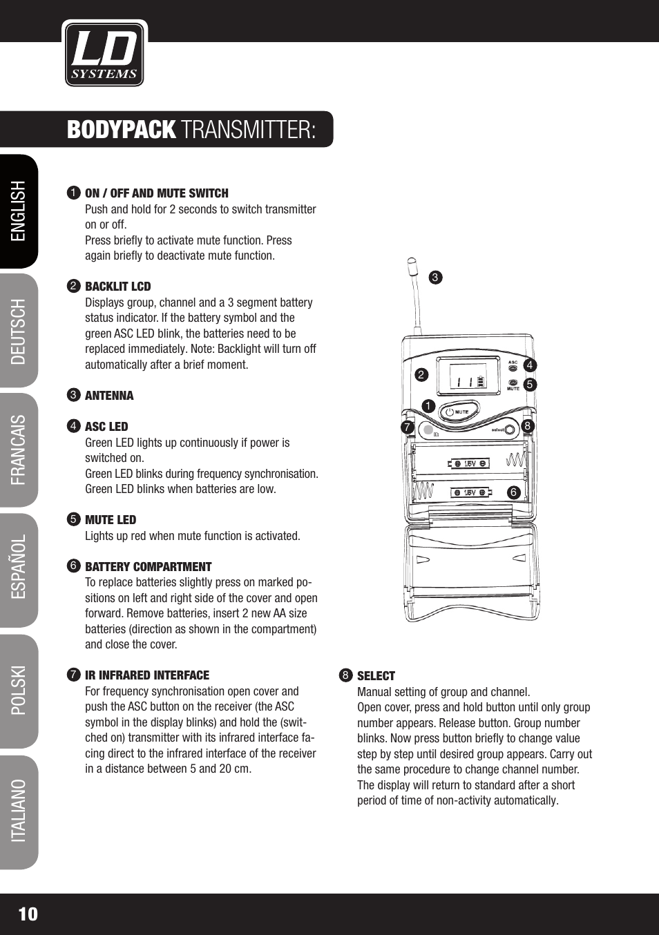 Bodypack transmitter | LD Systems WS 1G8 User Manual | Page 10 / 136