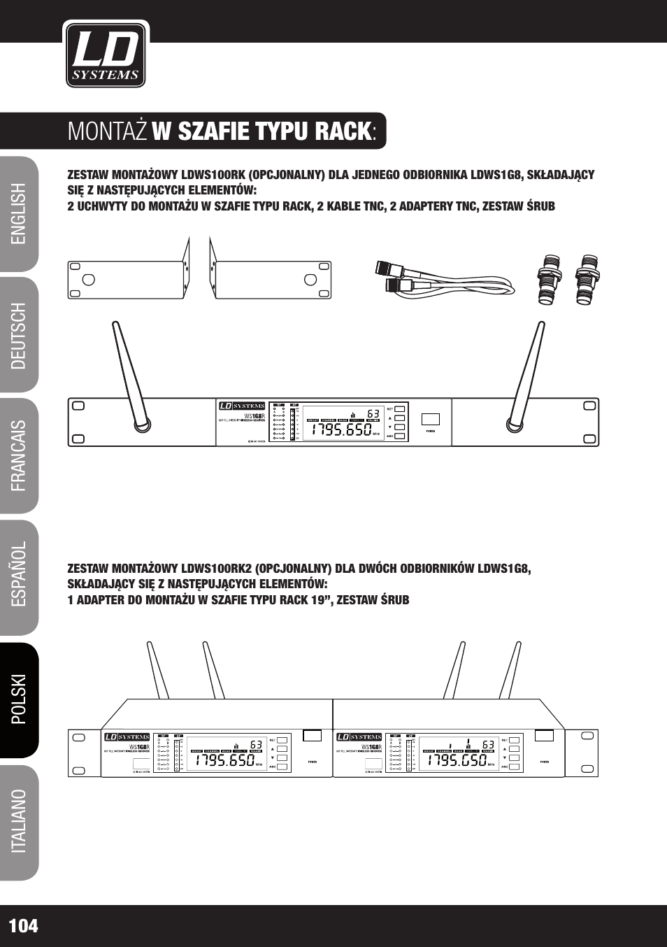 Montaż, W szafie typu rack | LD Systems WS 1G8 User Manual | Page 104 / 136