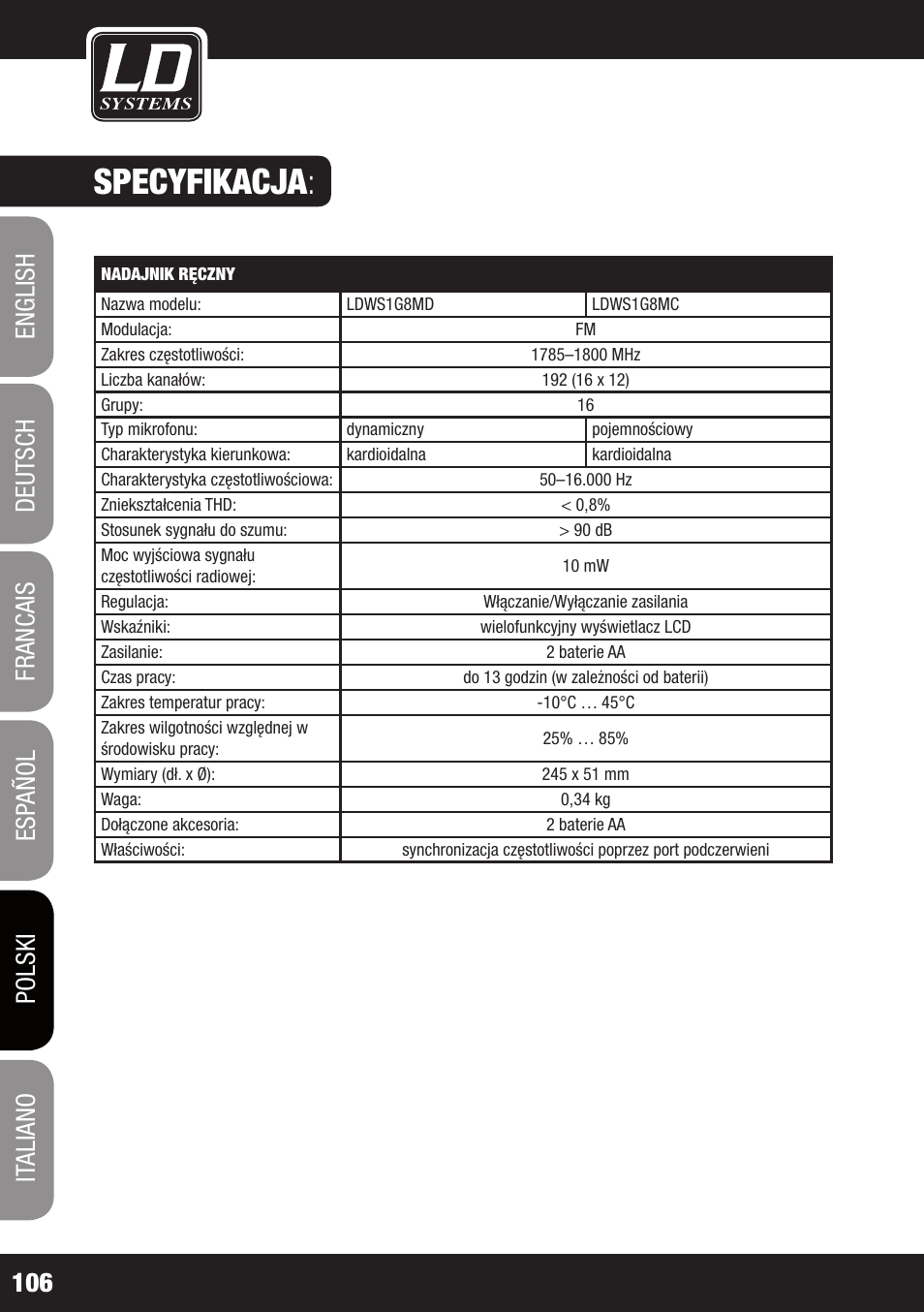 Specyfikacja | LD Systems WS 1G8 User Manual | Page 106 / 136