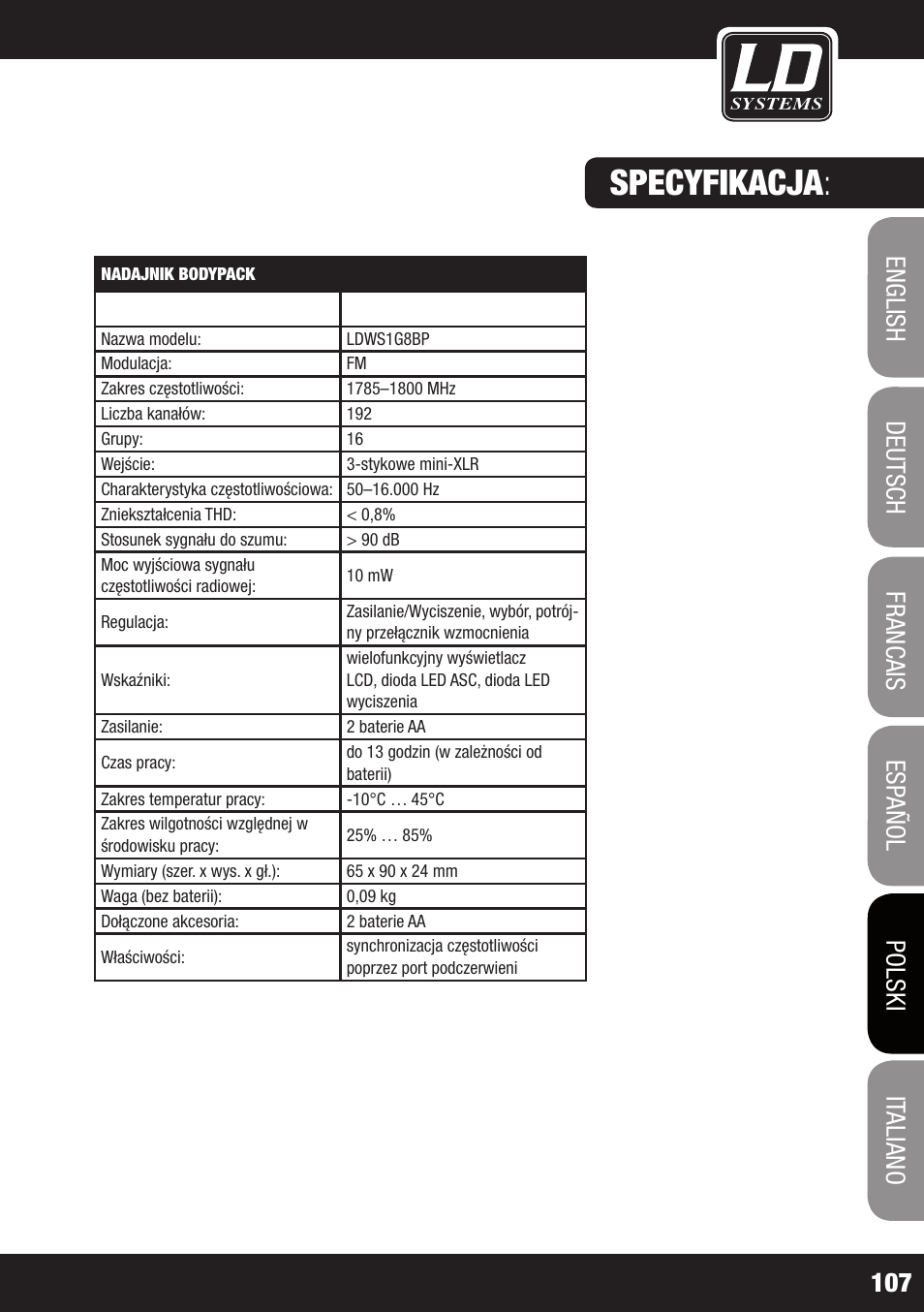 Specyfikacja | LD Systems WS 1G8 User Manual | Page 107 / 136