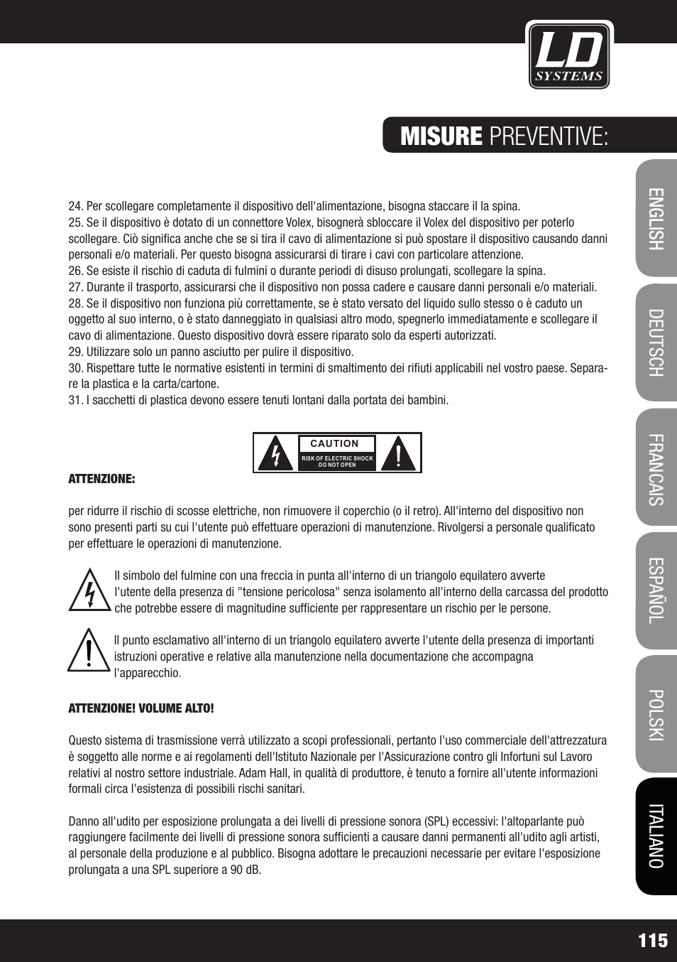 Misure preventive | LD Systems WS 1G8 User Manual | Page 115 / 136