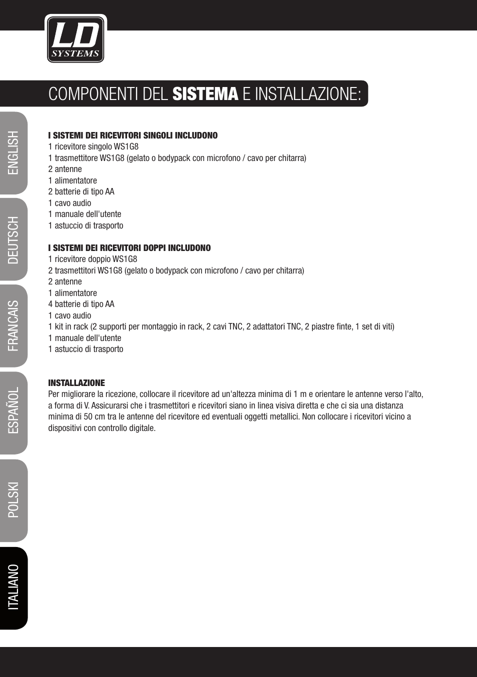 Componenti del sistema e installazione | LD Systems WS 1G8 User Manual | Page 116 / 136