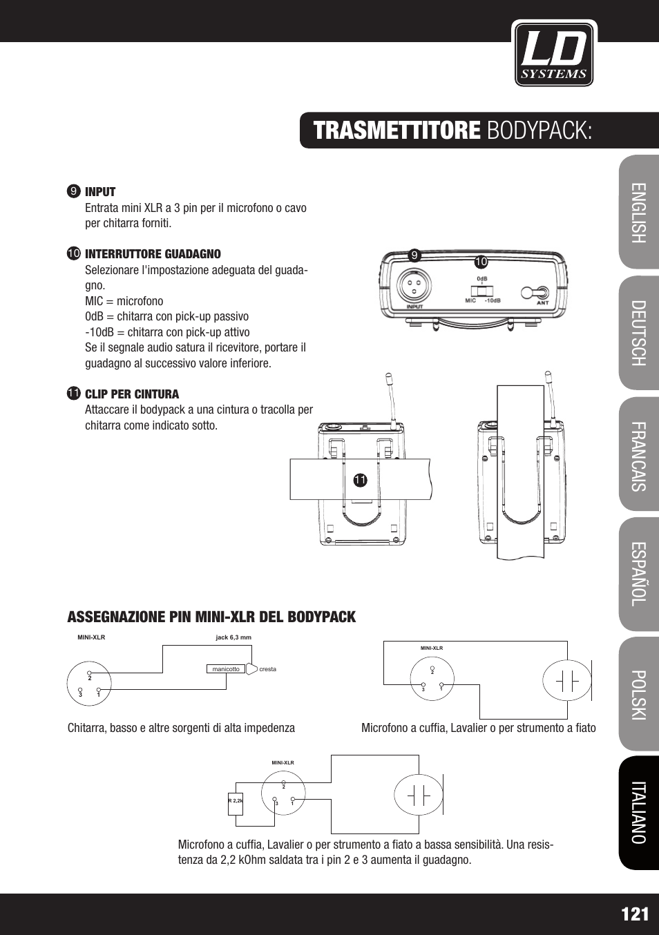 Trasmettitore bodypack, Assegnazione pin mini-xlr del bodypack | LD Systems WS 1G8 User Manual | Page 121 / 136