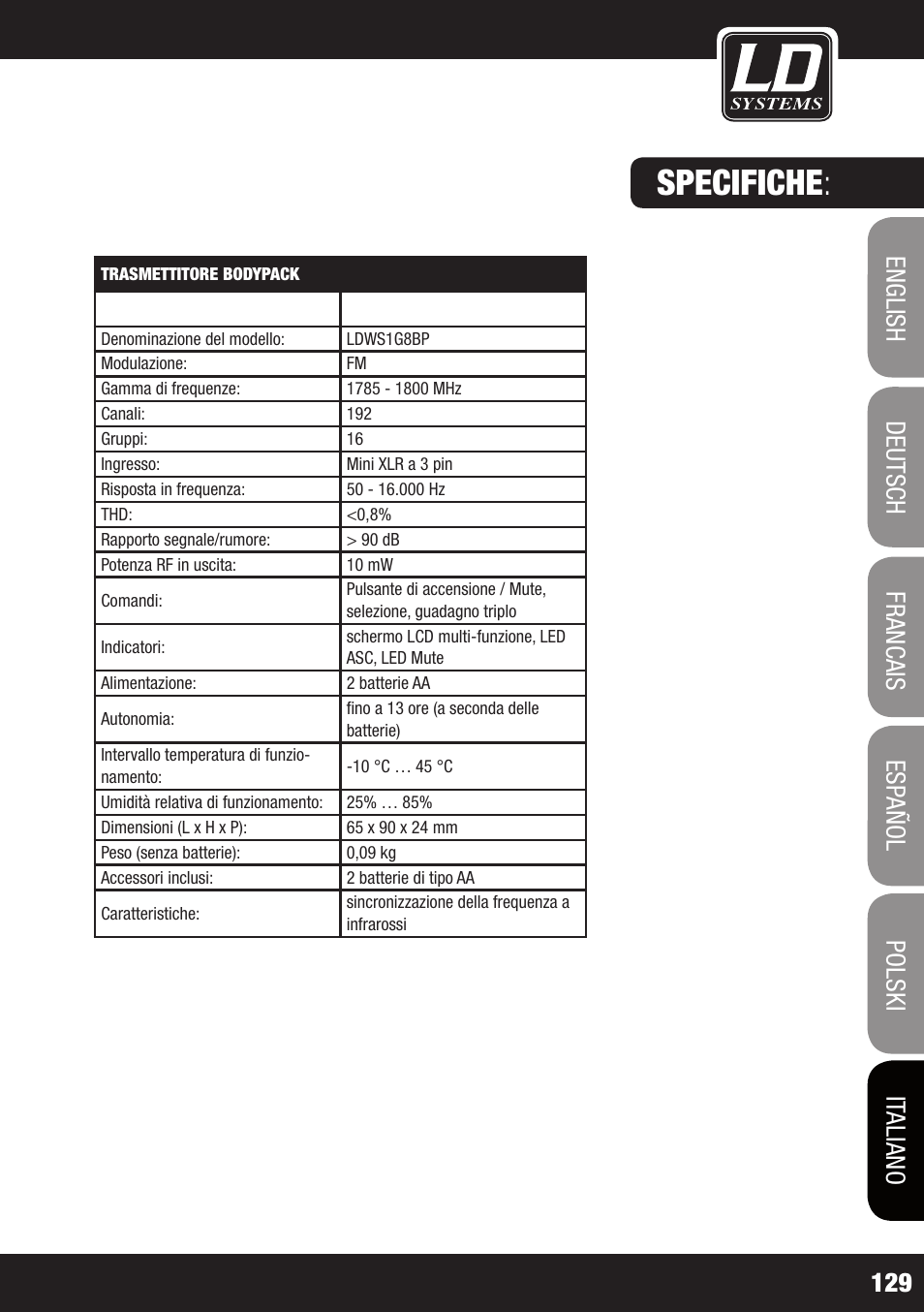 Specifiche | LD Systems WS 1G8 User Manual | Page 129 / 136