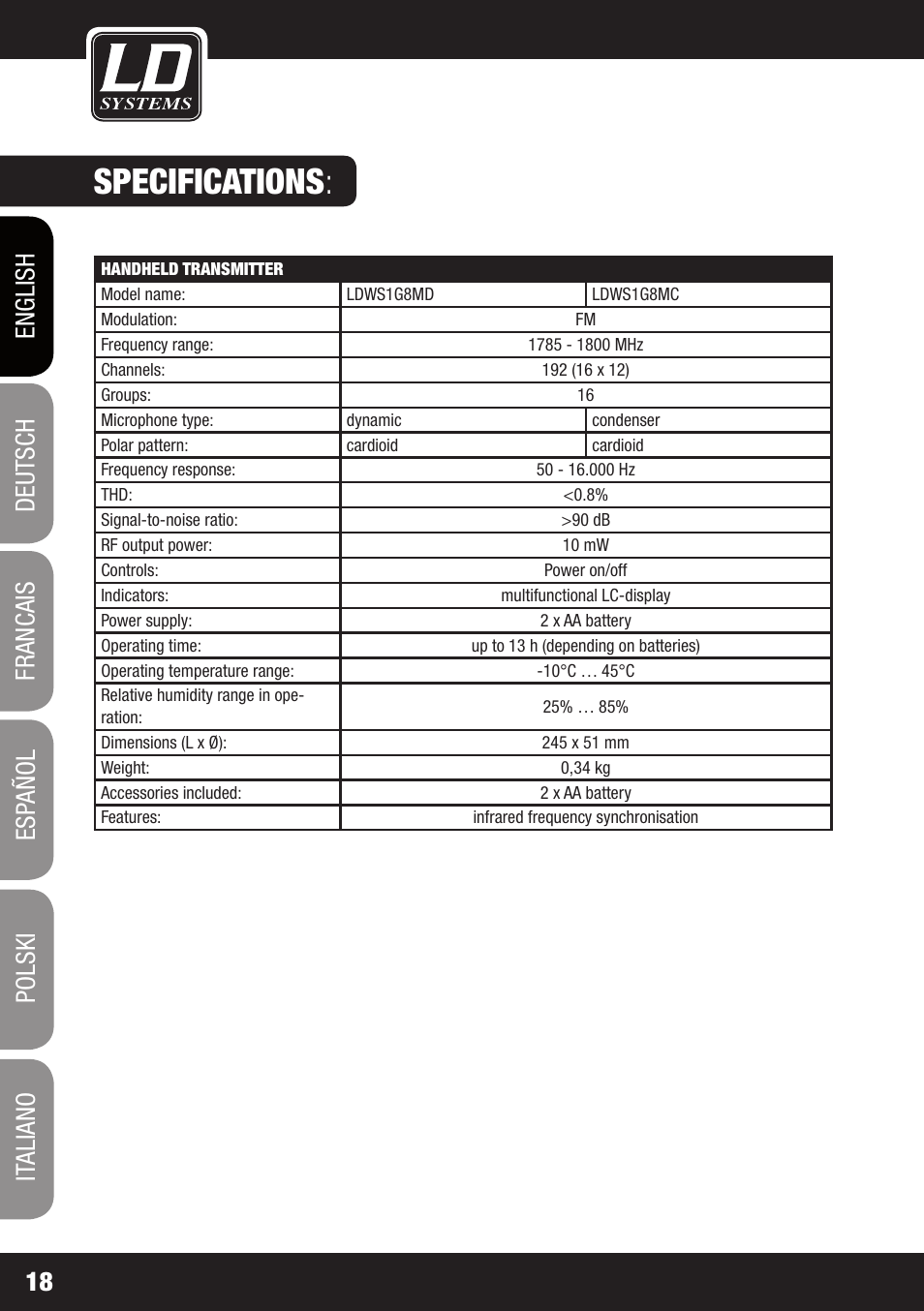 Specifications | LD Systems WS 1G8 User Manual | Page 18 / 136