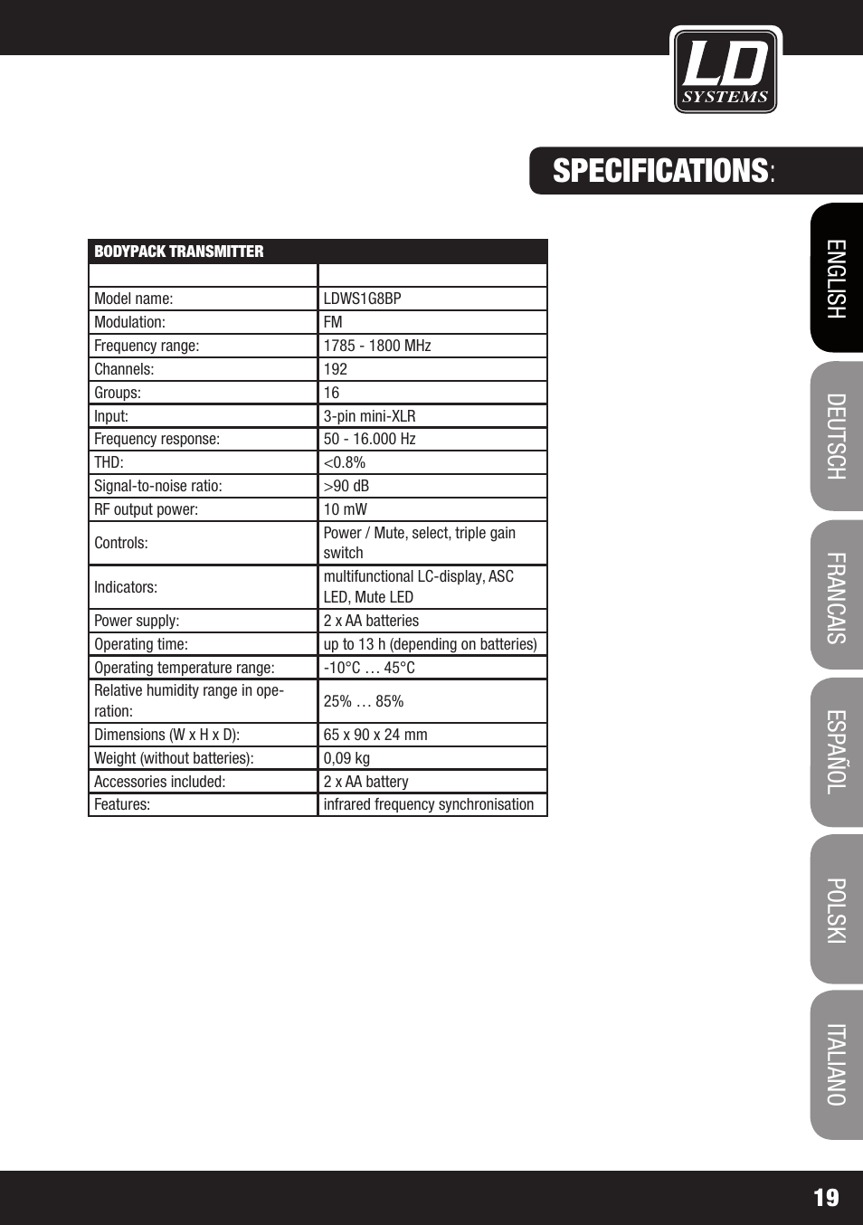 Specifications | LD Systems WS 1G8 User Manual | Page 19 / 136