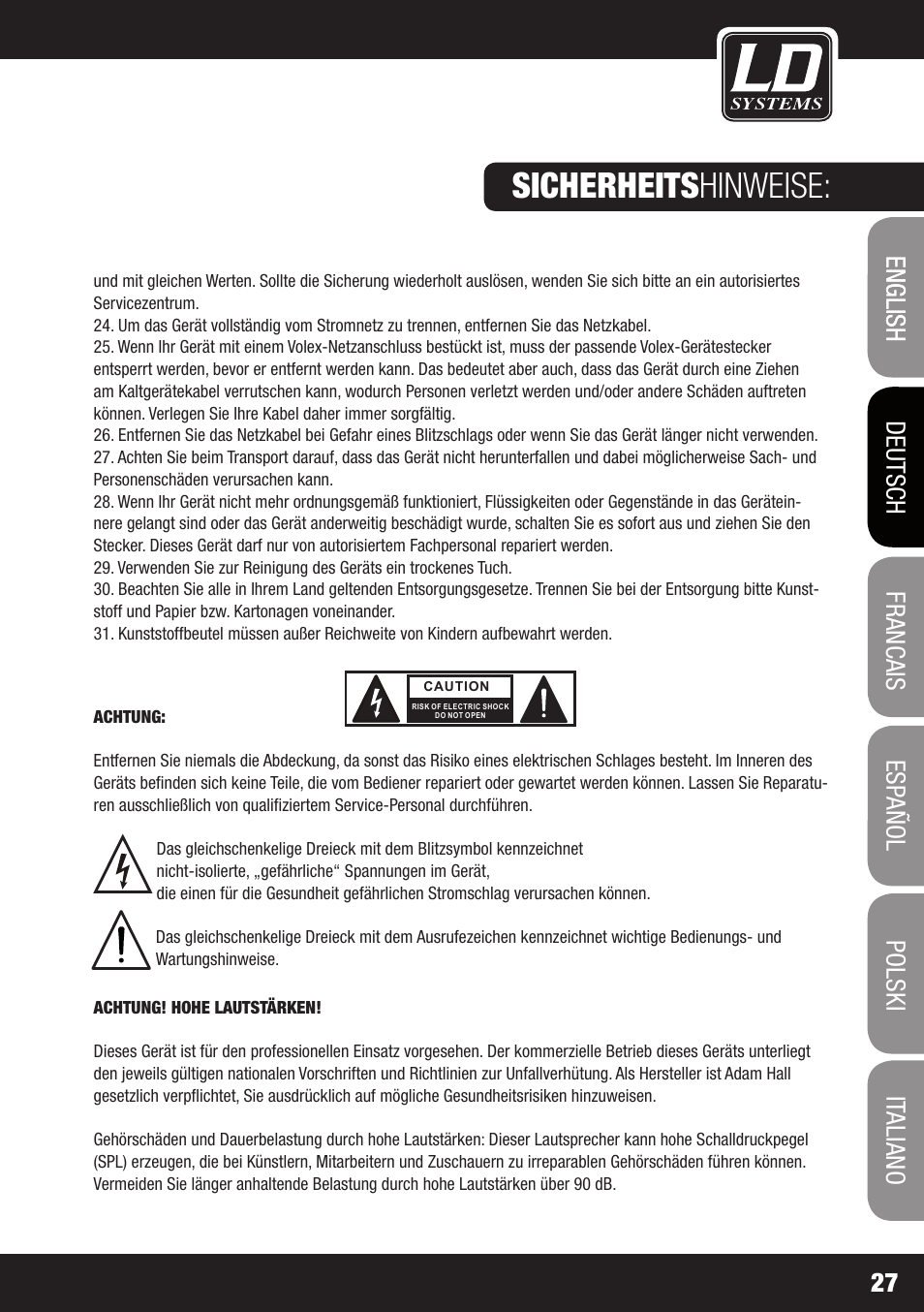 Sicherheits hinweise | LD Systems WS 1G8 User Manual | Page 27 / 136