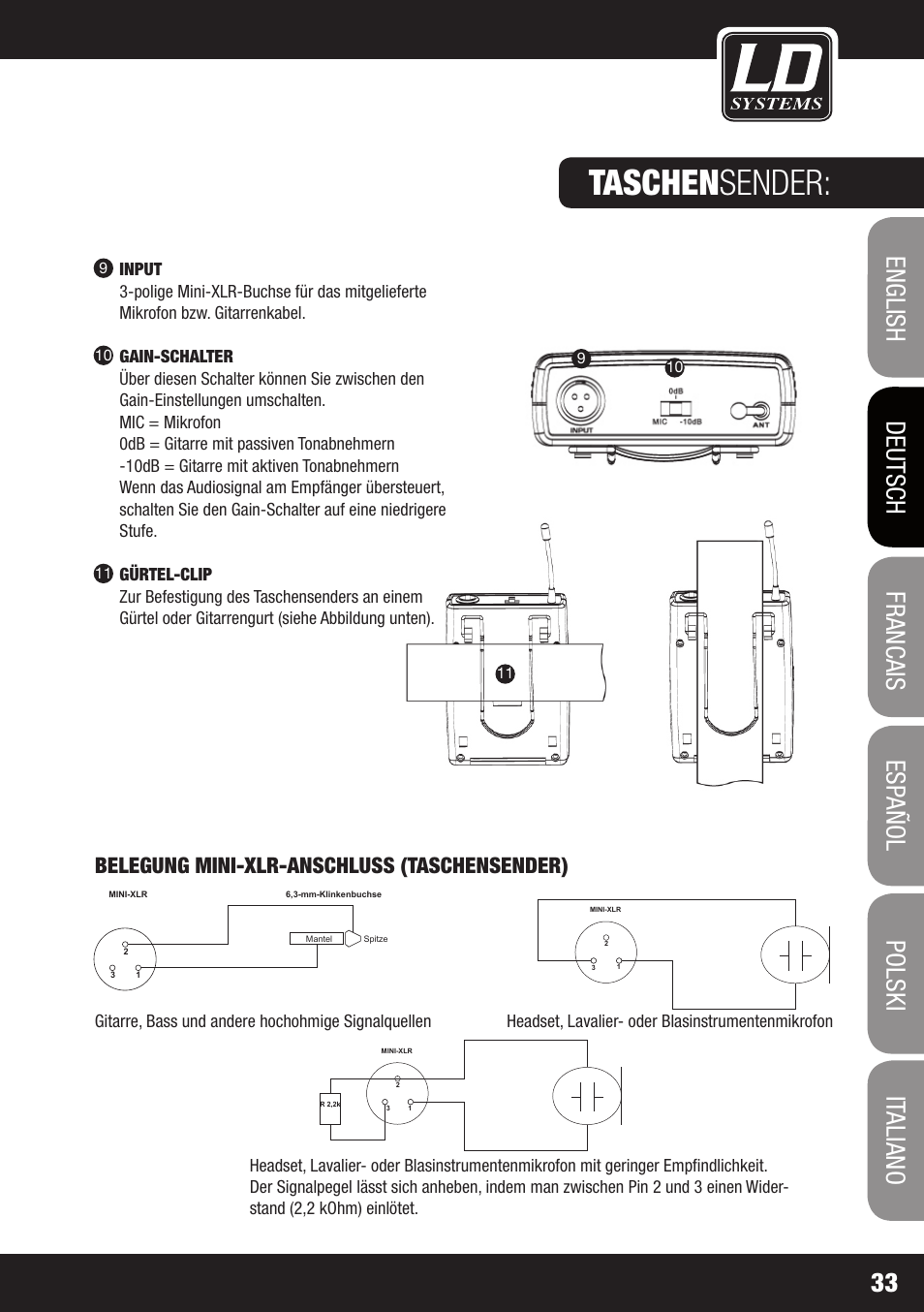 Taschen sender, Belegung mini-xlr-anschluss (taschensender) | LD Systems WS 1G8 User Manual | Page 33 / 136