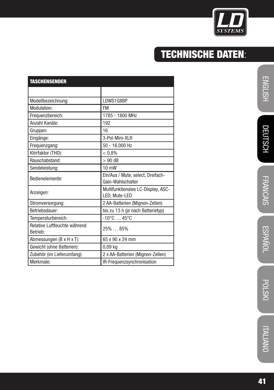 Technische daten | LD Systems WS 1G8 User Manual | Page 41 / 136