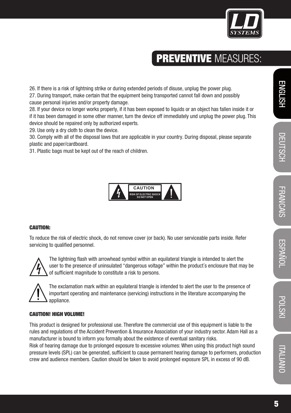 Preventive measures | LD Systems WS 1G8 User Manual | Page 5 / 136