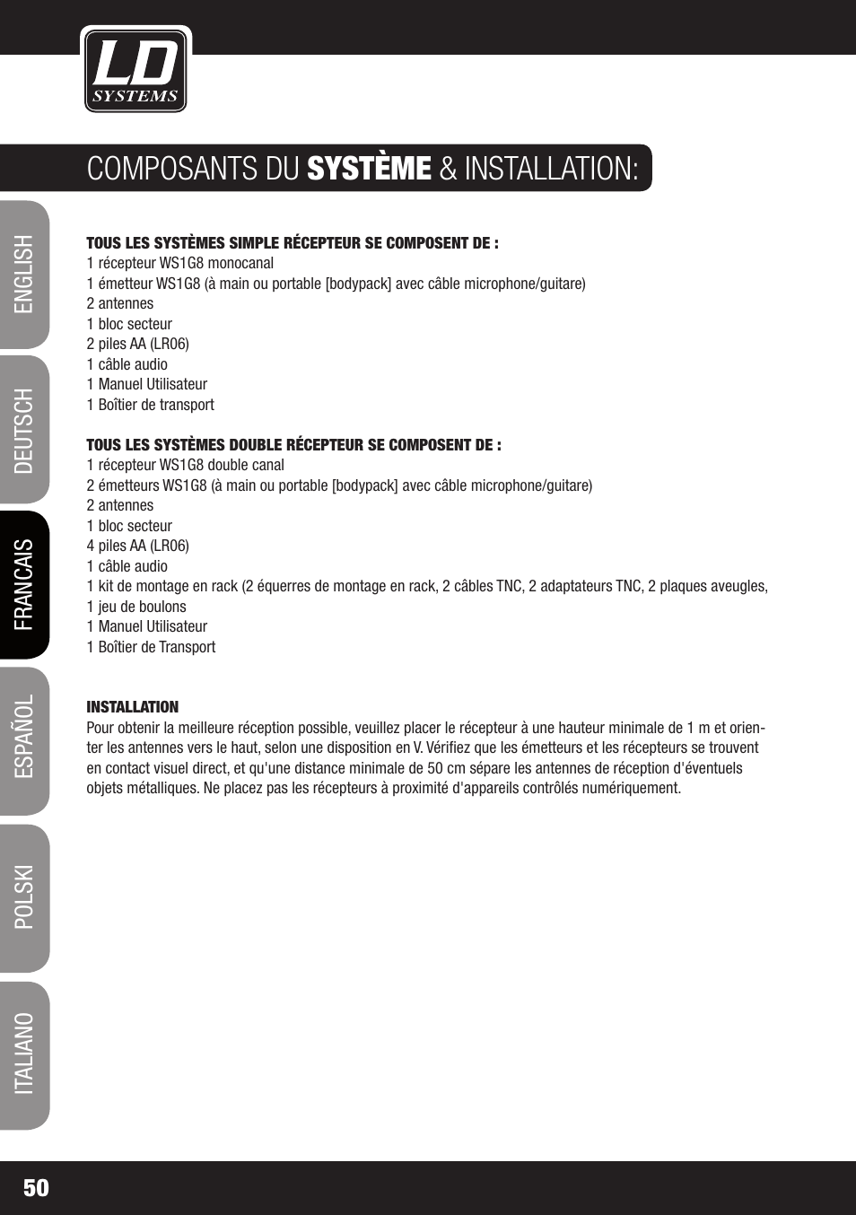 Composants du système & installation | LD Systems WS 1G8 User Manual | Page 50 / 136