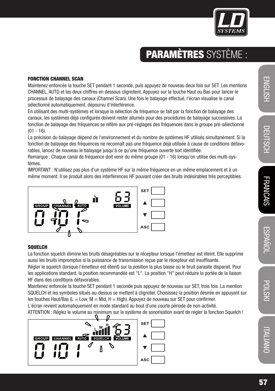 Paramètres système | LD Systems WS 1G8 User Manual | Page 57 / 136