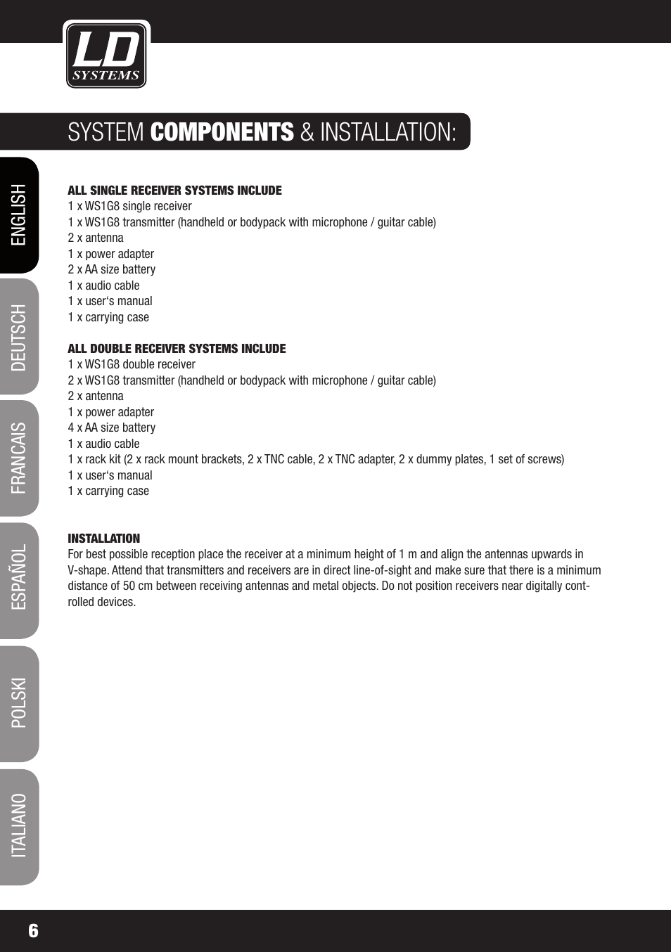 System components & installation | LD Systems WS 1G8 User Manual | Page 6 / 136