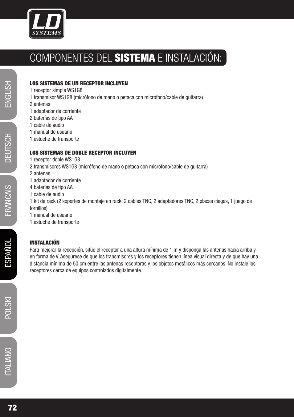 Componentes del sistema e instalación | LD Systems WS 1G8 User Manual | Page 72 / 136