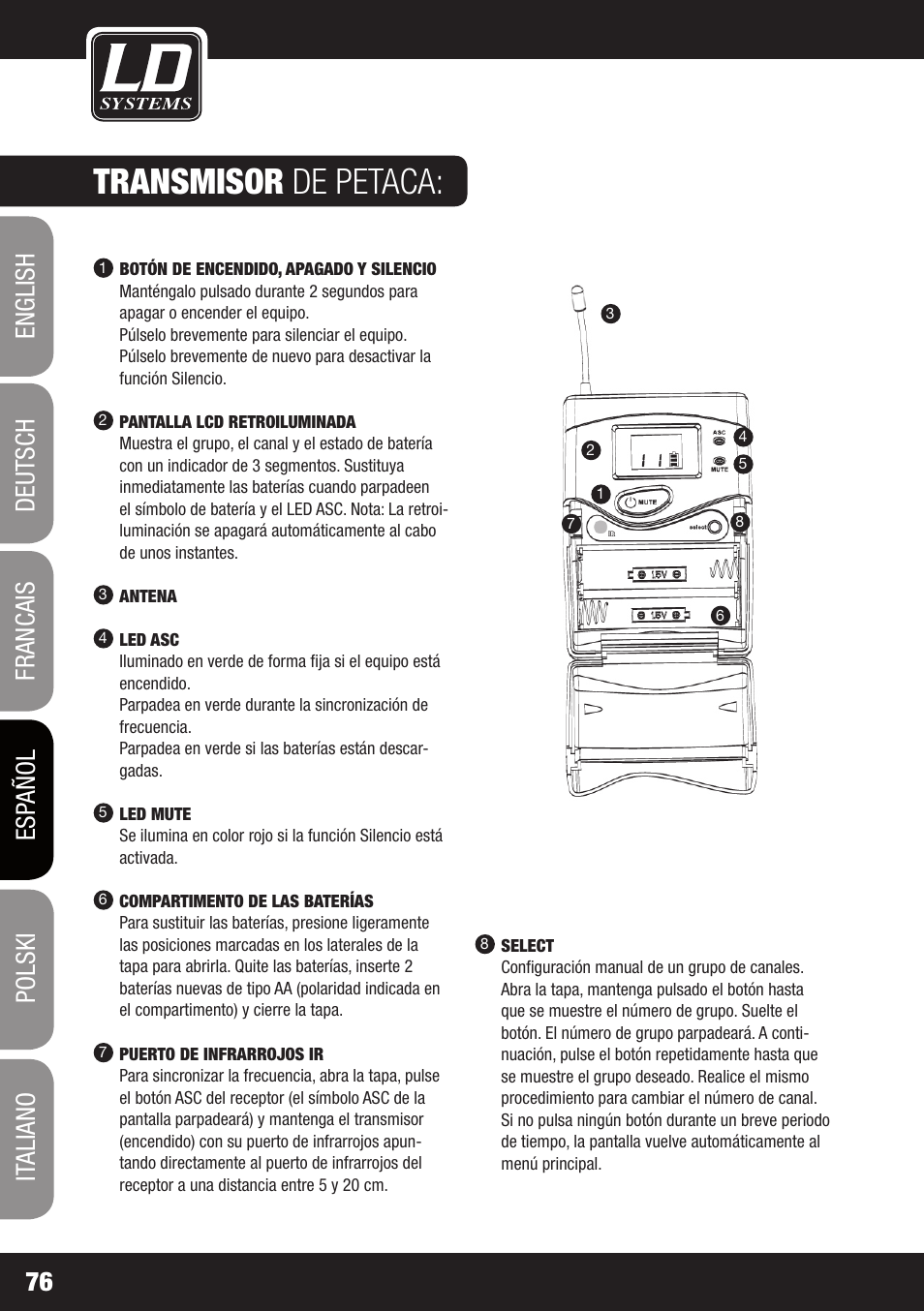 Transmisor de petaca | LD Systems WS 1G8 User Manual | Page 76 / 136