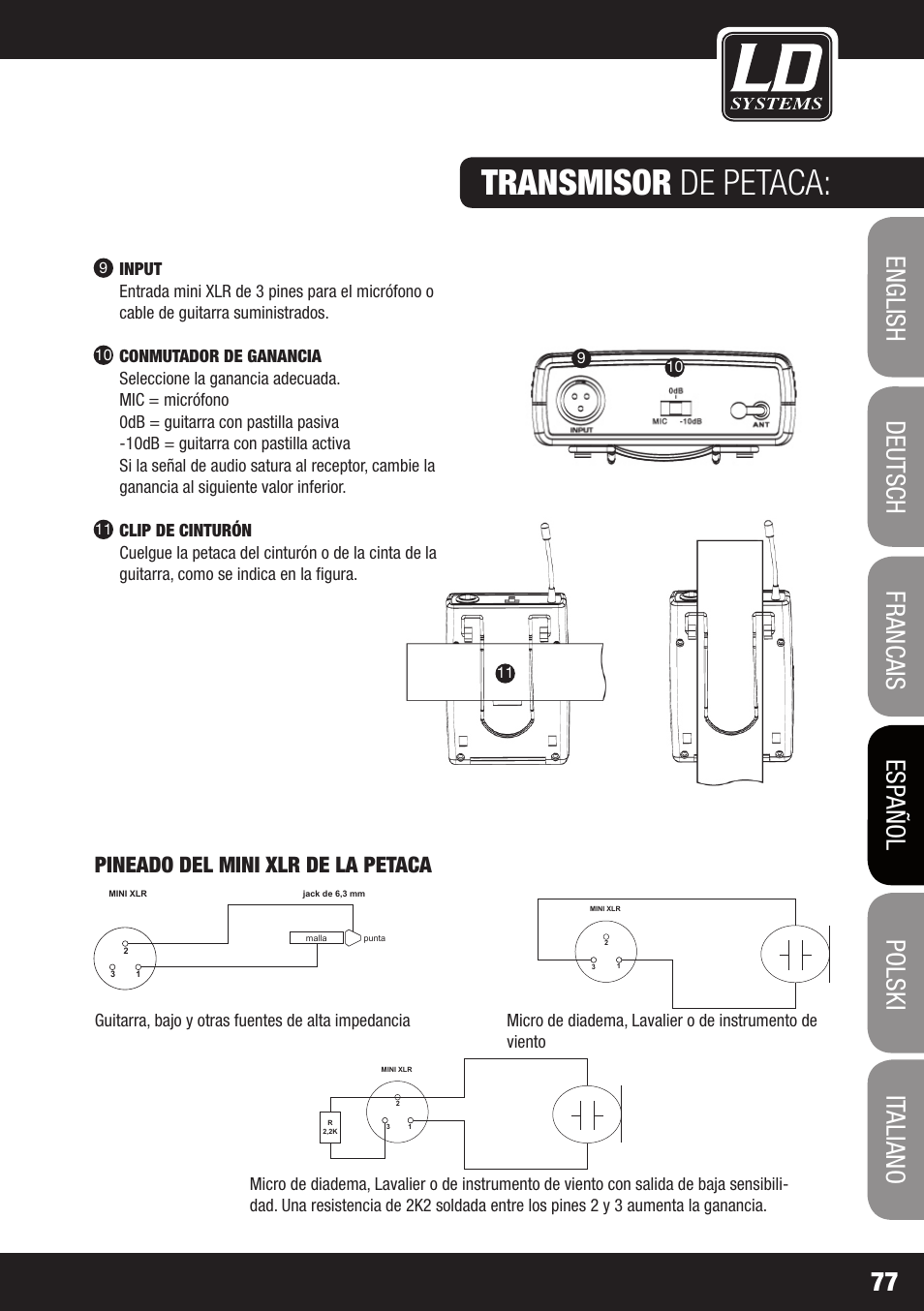 Transmisor de petaca, Pineado del mini xlr de la petaca | LD Systems WS 1G8 User Manual | Page 77 / 136