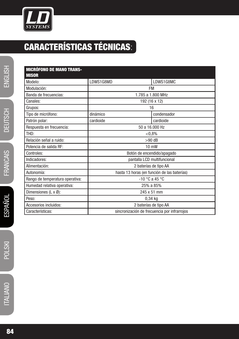 Características técnicas | LD Systems WS 1G8 User Manual | Page 84 / 136