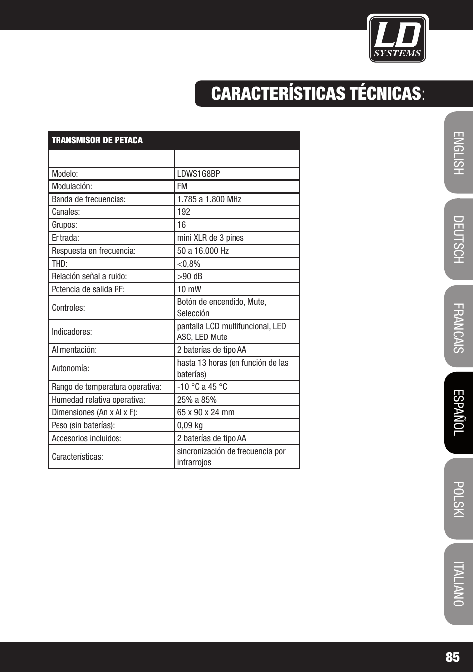 Características técnicas | LD Systems WS 1G8 User Manual | Page 85 / 136