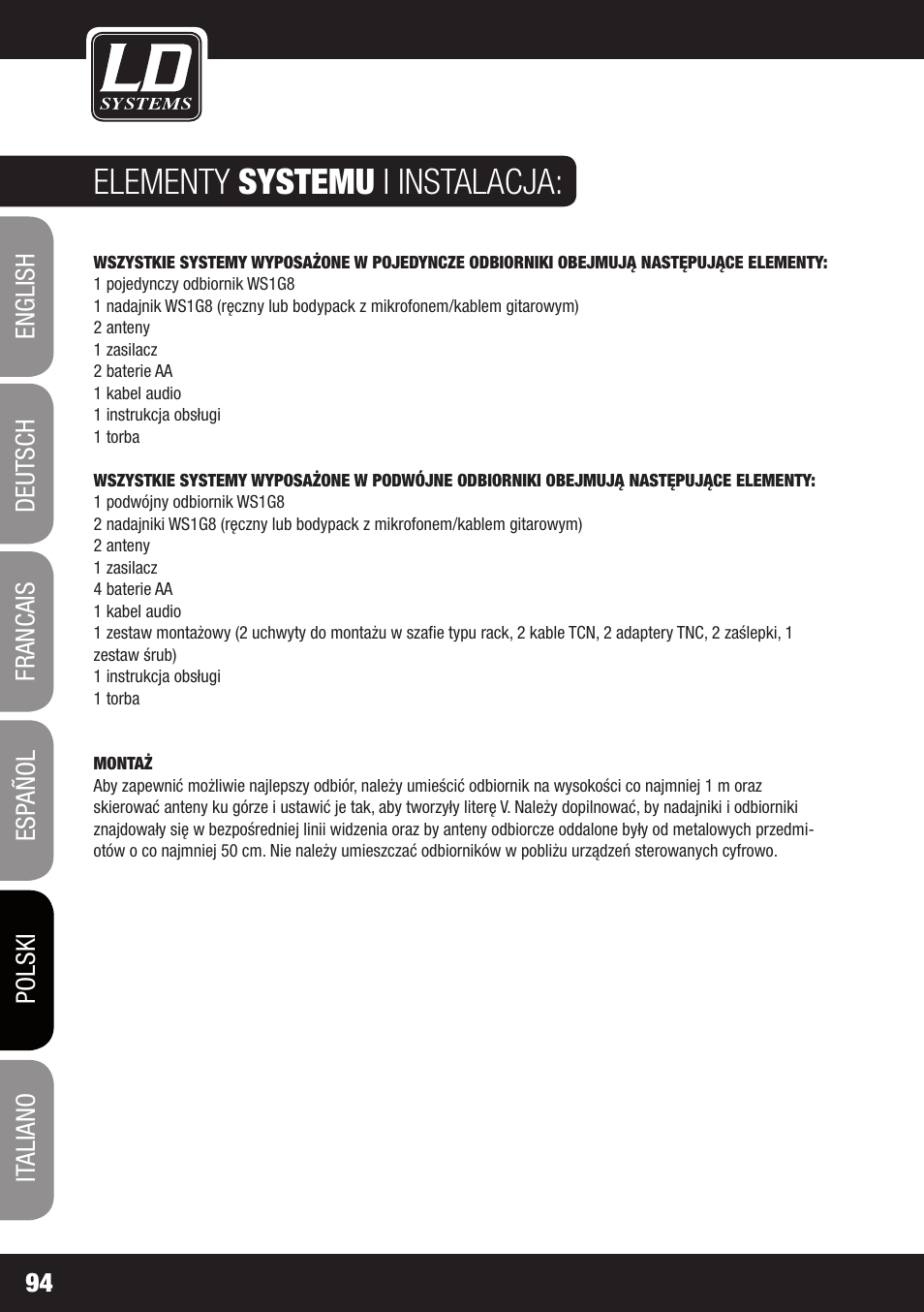 Elementy systemu i instalacja | LD Systems WS 1G8 User Manual | Page 94 / 136