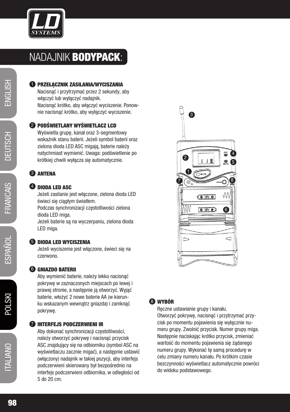 Nadajnik, Bodypack | LD Systems WS 1G8 User Manual | Page 98 / 136