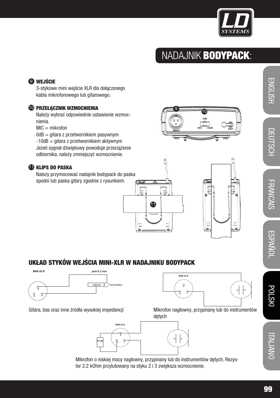 Nadajnik, Bodypack, Układ styków wejścia mini-xlr w nadajniku bodypack | LD Systems WS 1G8 User Manual | Page 99 / 136