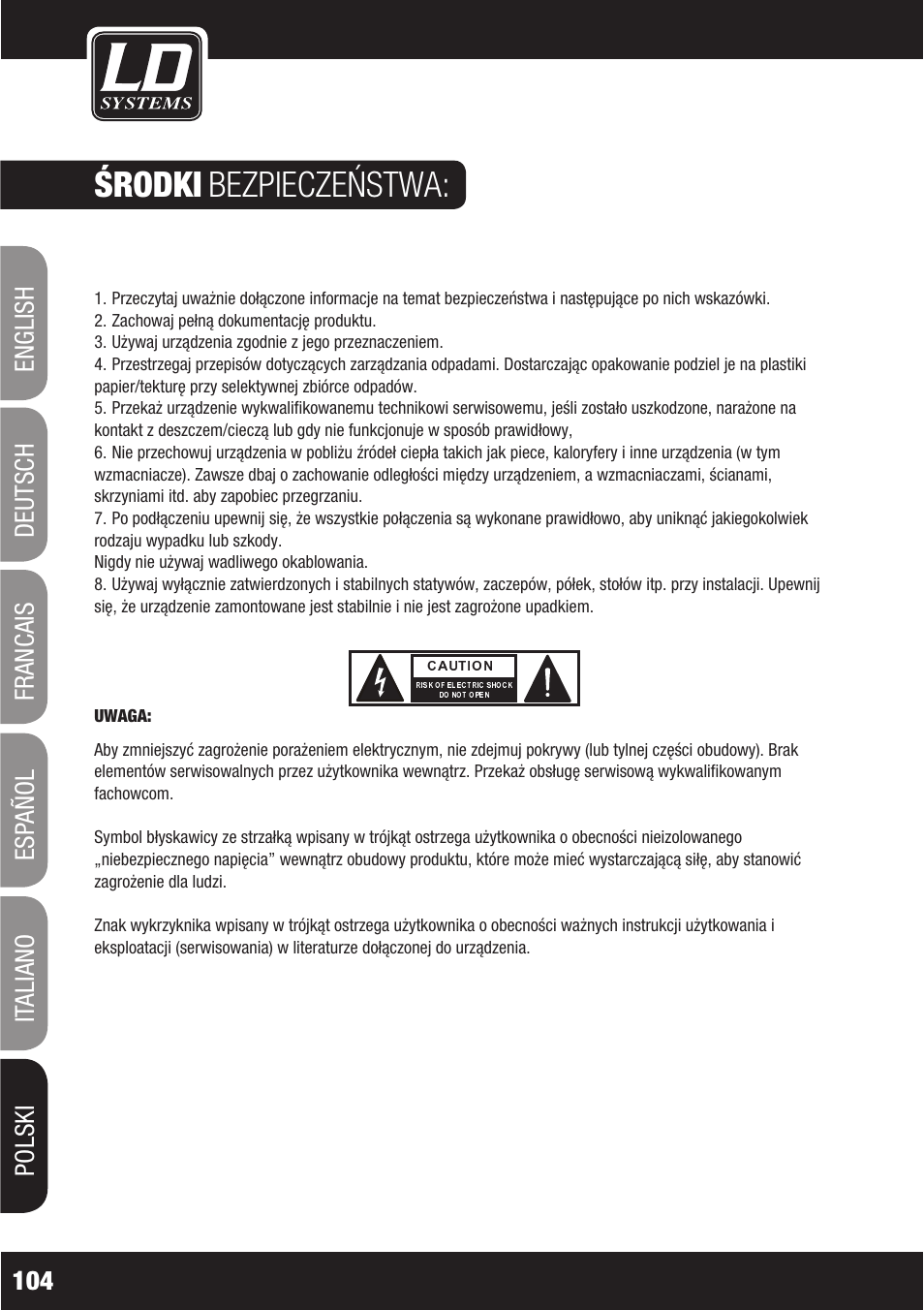 Środki bezpieczeństwa, Francais | LD Systems WS1000(2)(X) User Manual | Page 104 / 128