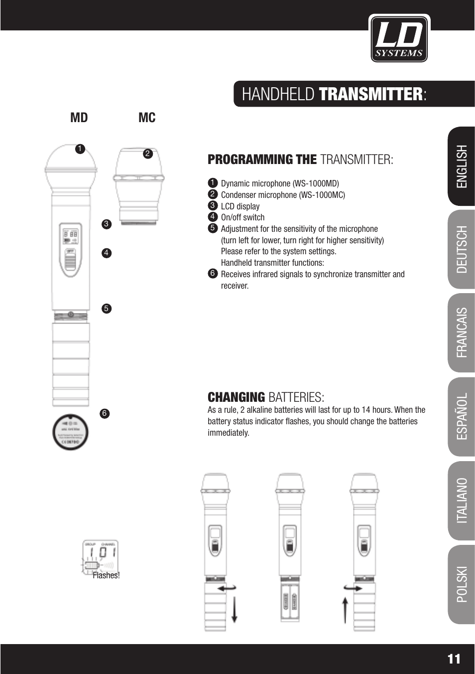 Handheld transmitter, Programming the transmitter, Changing batteries | LD Systems WS1000(2)(X) User Manual | Page 11 / 128