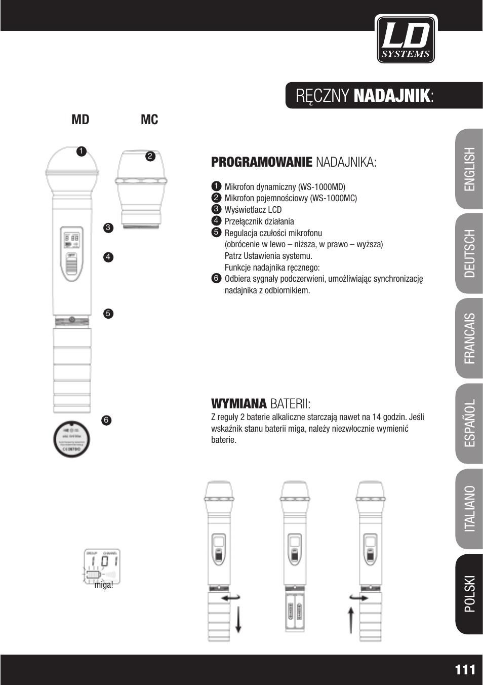 Ręczny nadajnik, Programowanie nadajnika, Wymiana baterii | LD Systems WS1000(2)(X) User Manual | Page 111 / 128
