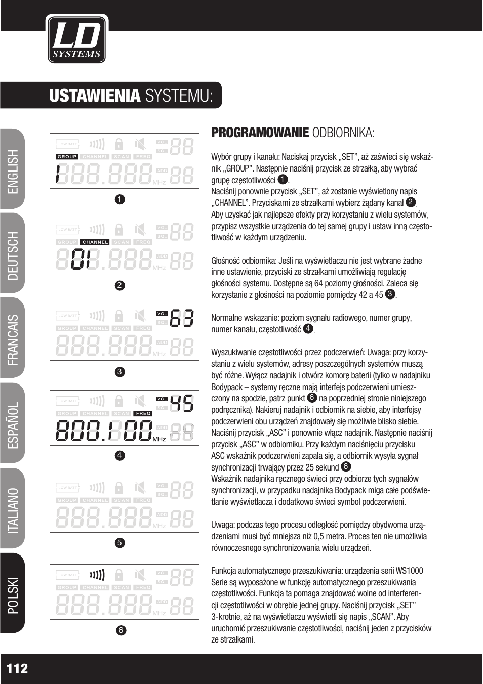 Ustawienia systemu, Programowanie odbiornika | LD Systems WS1000(2)(X) User Manual | Page 112 / 128