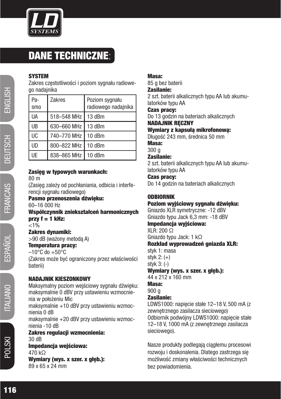 Dane techniczne | LD Systems WS1000(2)(X) User Manual | Page 116 / 128