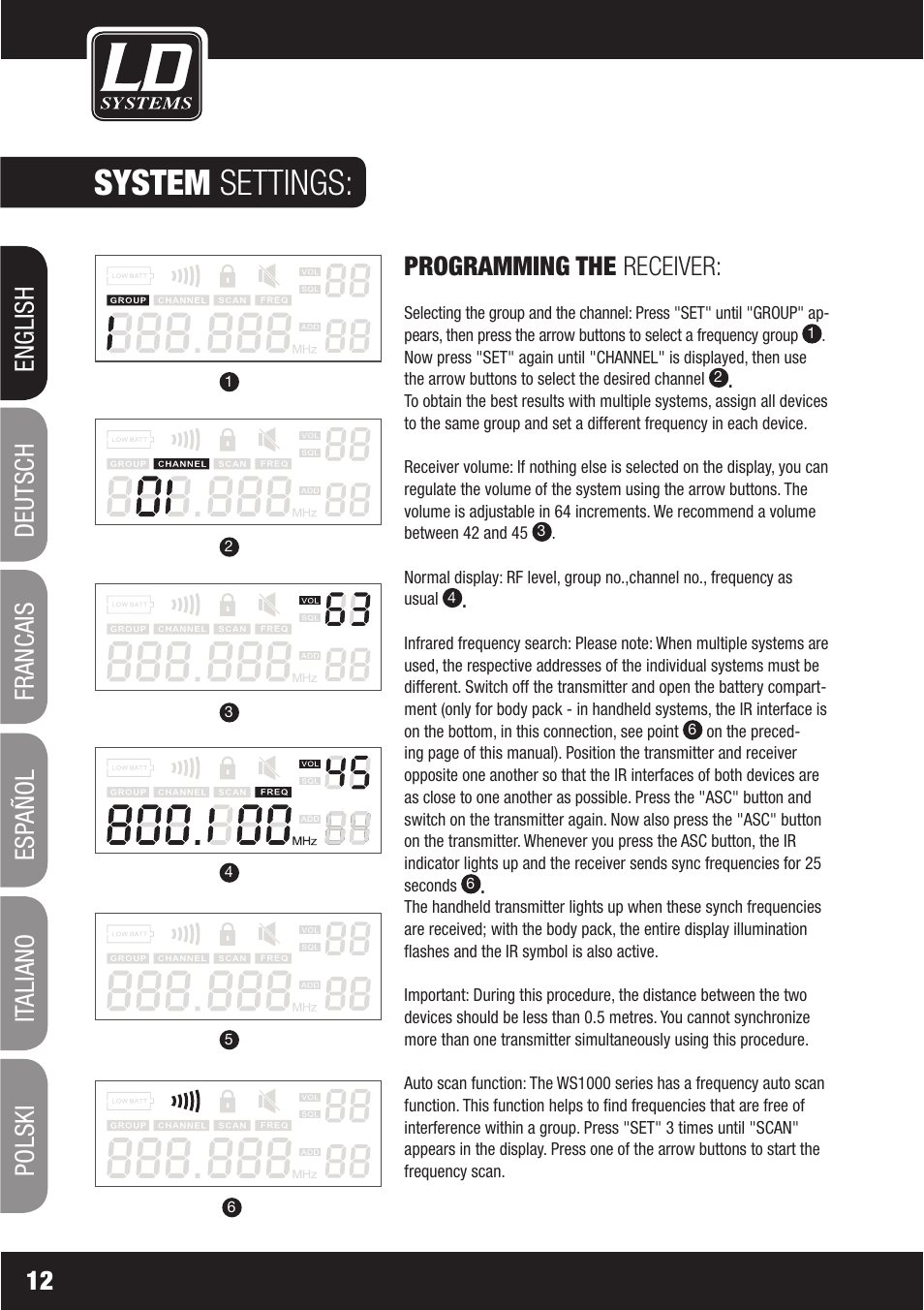 System settings, Programming the receiver | LD Systems WS1000(2)(X) User Manual | Page 12 / 128