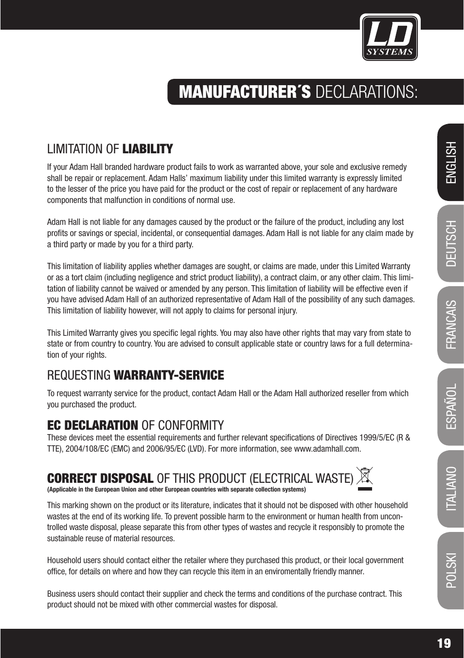 Manufacturer´s declarations | LD Systems WS1000(2)(X) User Manual | Page 19 / 128