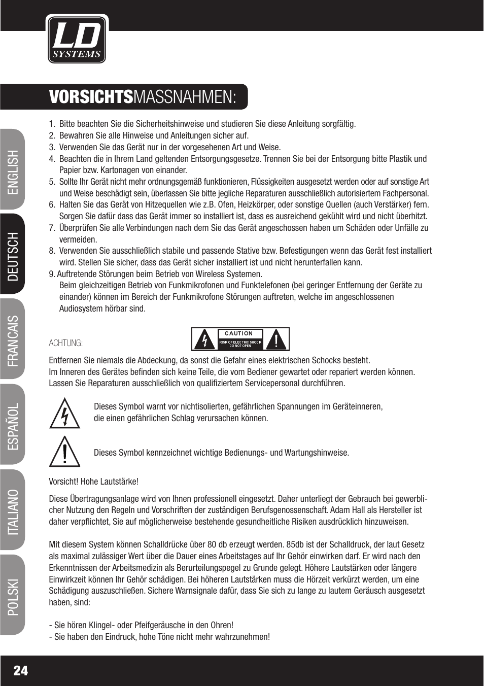 Vorsichtsmassnahmen, Francais | LD Systems WS1000(2)(X) User Manual | Page 24 / 128