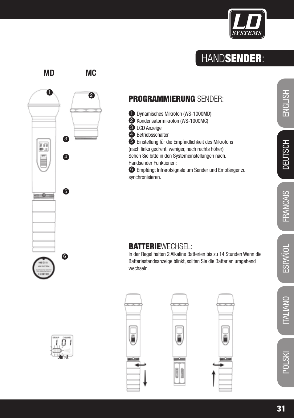 Handsender, Programmierung sender, Batteriewechsel | LD Systems WS1000(2)(X) User Manual | Page 31 / 128