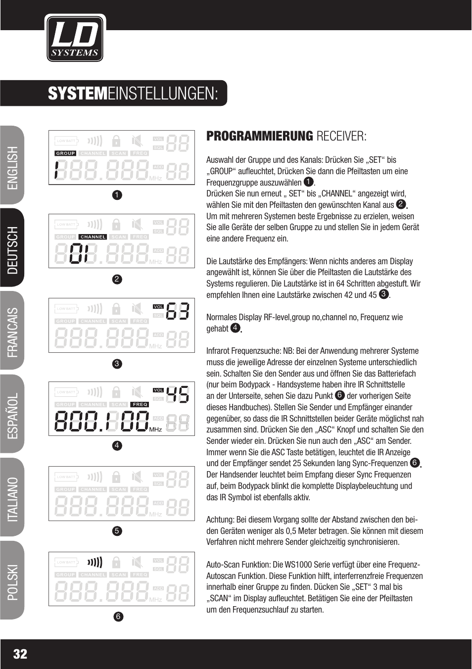Systemeinstellungen, Programmierung receiver | LD Systems WS1000(2)(X) User Manual | Page 32 / 128