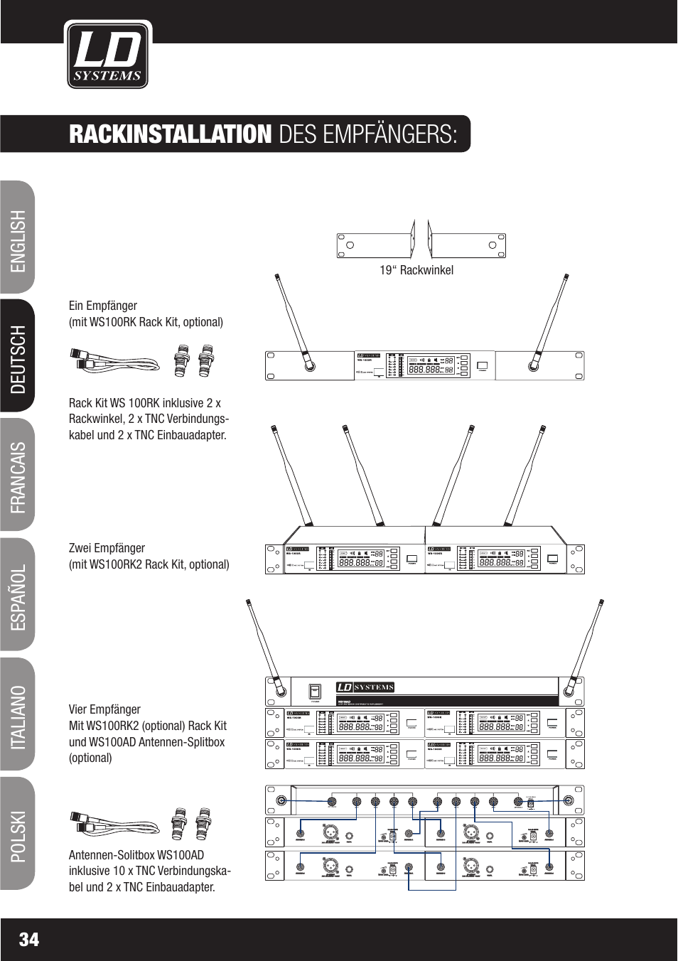 Rackinstallation des empfängers | LD Systems WS1000(2)(X) User Manual | Page 34 / 128