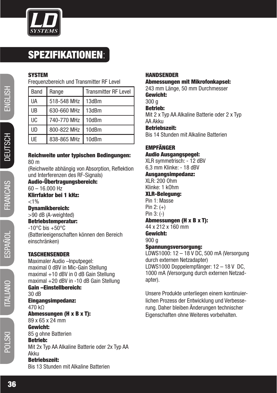 Spezifikationen | LD Systems WS1000(2)(X) User Manual | Page 36 / 128
