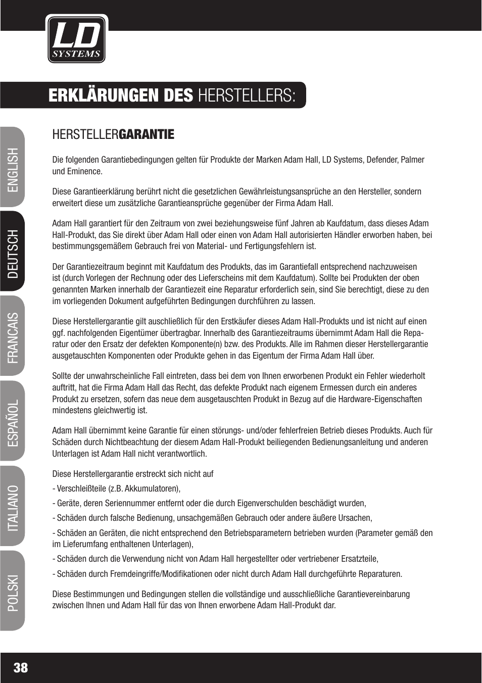 Erklärungen des herstellers | LD Systems WS1000(2)(X) User Manual | Page 38 / 128