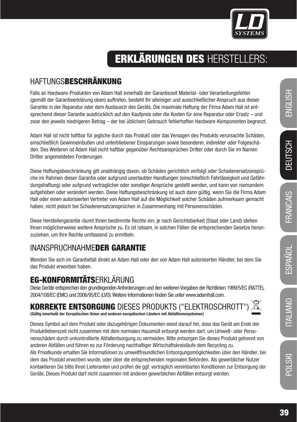 Erklärungen des herstellers | LD Systems WS1000(2)(X) User Manual | Page 39 / 128