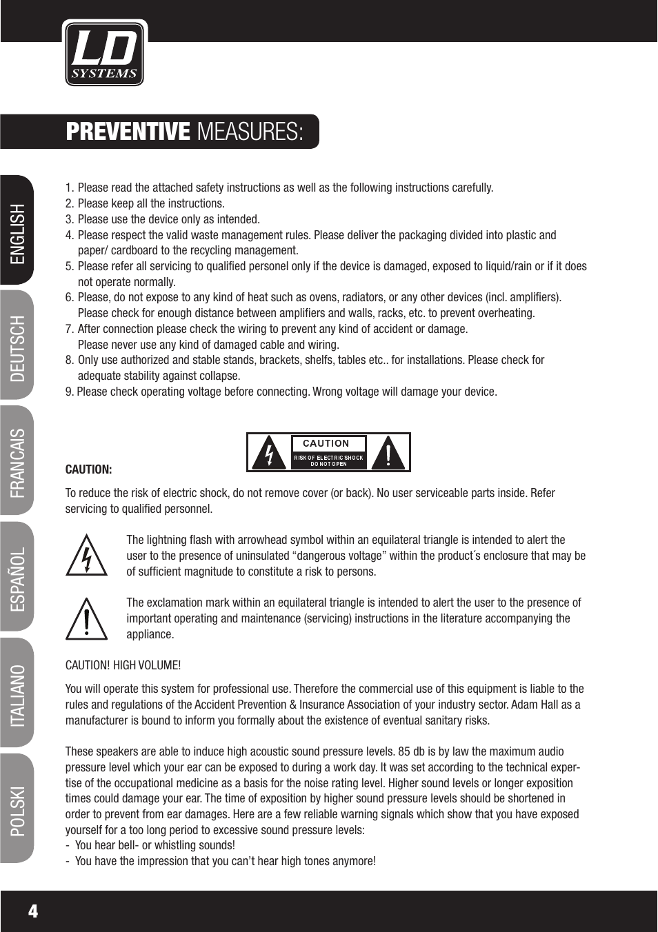 Preventive measures, Francais | LD Systems WS1000(2)(X) User Manual | Page 4 / 128