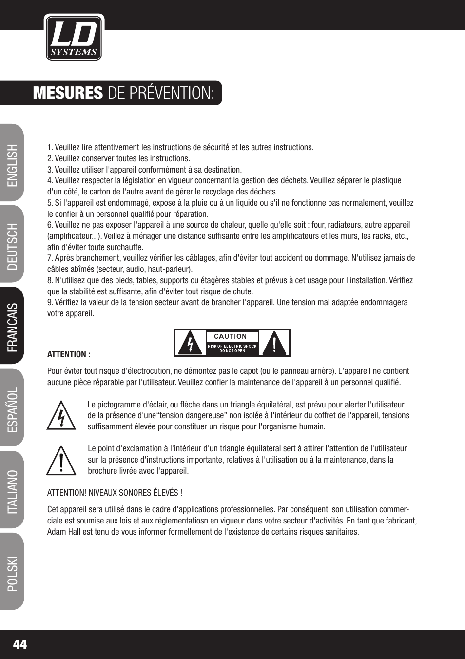 Mesures de prévention, Francais | LD Systems WS1000(2)(X) User Manual | Page 44 / 128