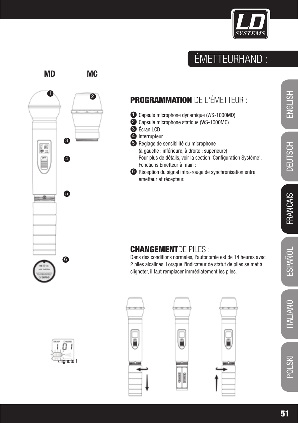 Émetteurhand, Programmation de l'émetteur, Changementde piles | LD Systems WS1000(2)(X) User Manual | Page 51 / 128